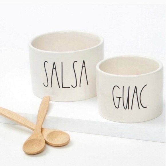 Rae DUNN ARTISAN GUAC + SALSA SET WITH 2 BAMBOO SPOONS - Picture 1 of 5
